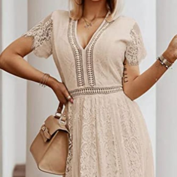 MEDIUM MEROKEETY V Neck Short Sleeve Floral Lace Dress - Picture 4 of 8